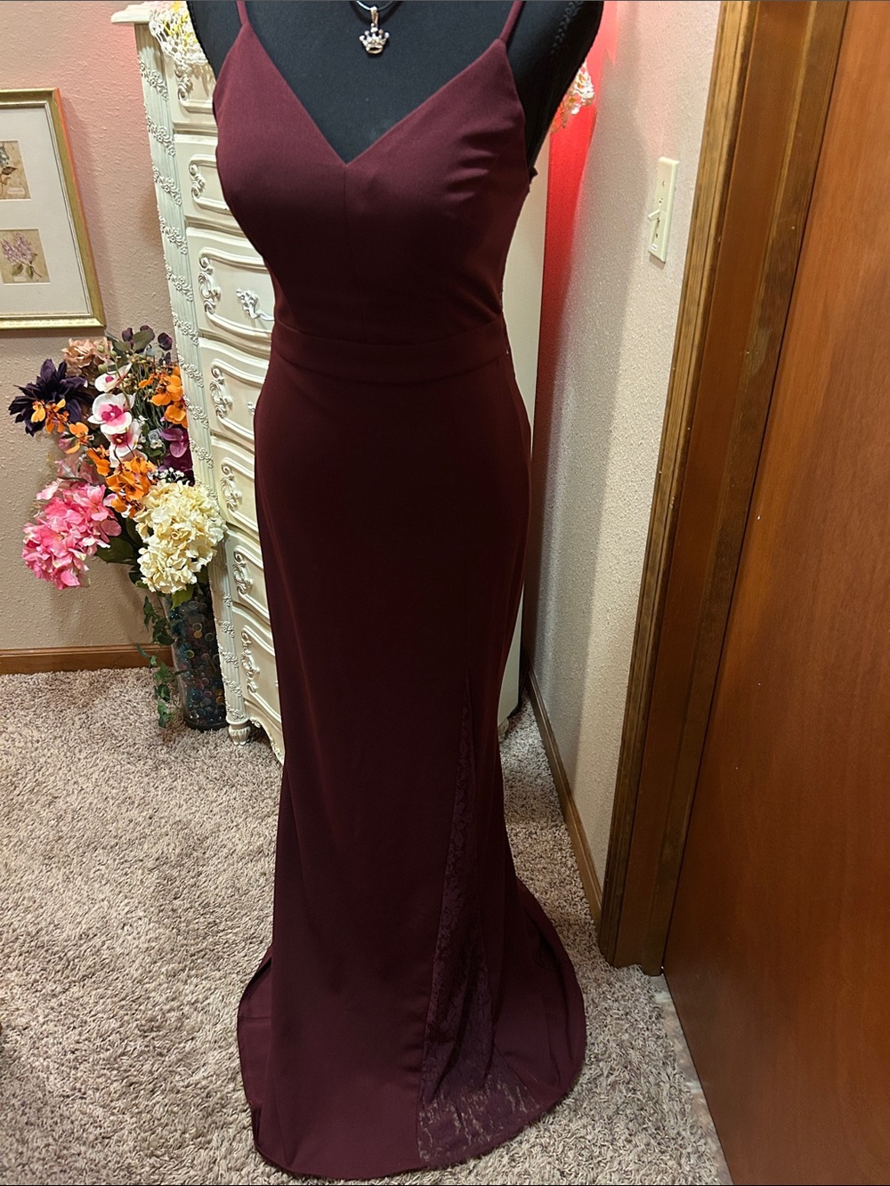 David's Bridal Burgundy Spaghetti-Strap Maxi Gown